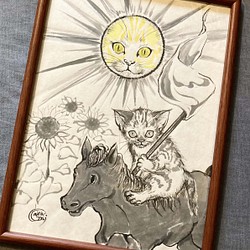 水墨画 猫のタロットカード 原画 / No.19 太陽（The Sun）