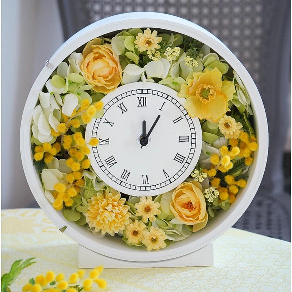 【送料無料・母の日】ミモザイエローの花時計｜パステルイエロー 1枚目の画像