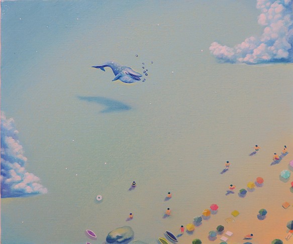 空と海とクジラの絵＊額付き絵画＊水色グラデーション＊油彩複製画