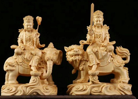 文殊菩薩 普賢菩薩一式 商売繁盛 木彫仏像 細工精彫 極上品 仏教工芸品