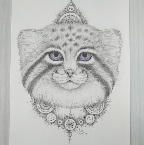 猫の絵 色鉛筆 鉛筆画 額入り - 絵画