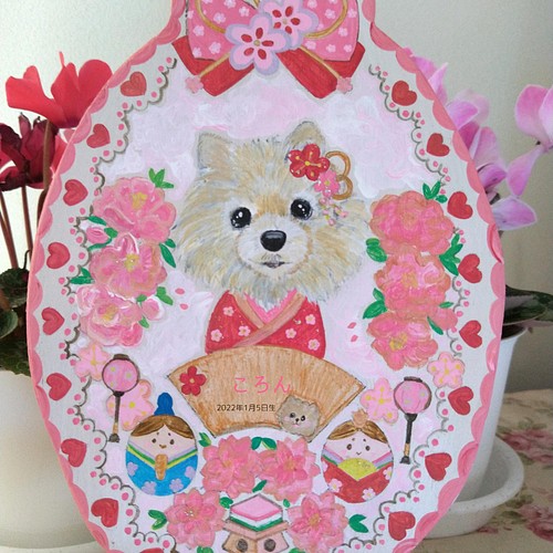 トールペイント☆ポメラニアン ひな祭りピンクリース 犬ペット絵 表札