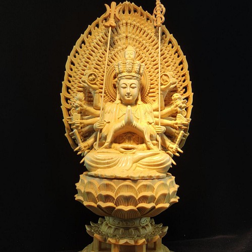 最高級 木彫仏像 千手観音菩薩座像 彫刻 一刀彫 天然木檜材 ご利益