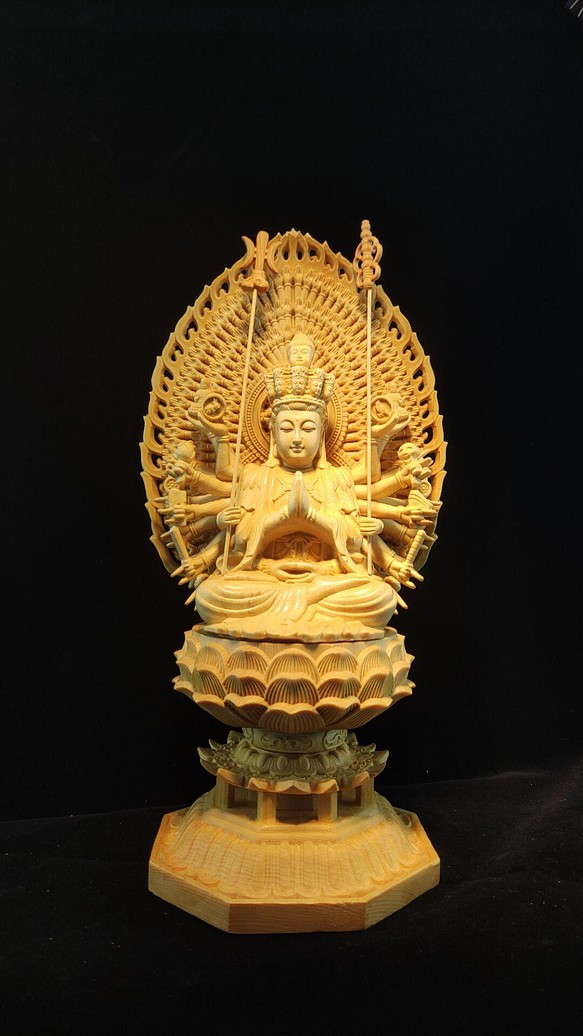 最高級 木彫仏像 千手観音菩薩座像 彫刻 一刀彫 天然木檜材 ご利益