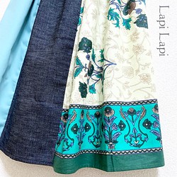 インド綿パッチワーク切り替えスカート グリーン 1枚目の画像