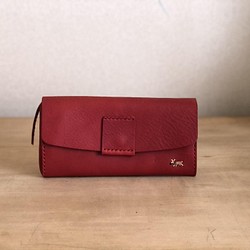 栃木レザー 手縫いのたっぷり本革財布 (赤） 1枚目の画像