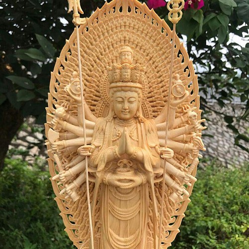 千手観音菩薩 仏教工芸品 供養品 精密細工 木彫仏像 置物 彫刻 大波 