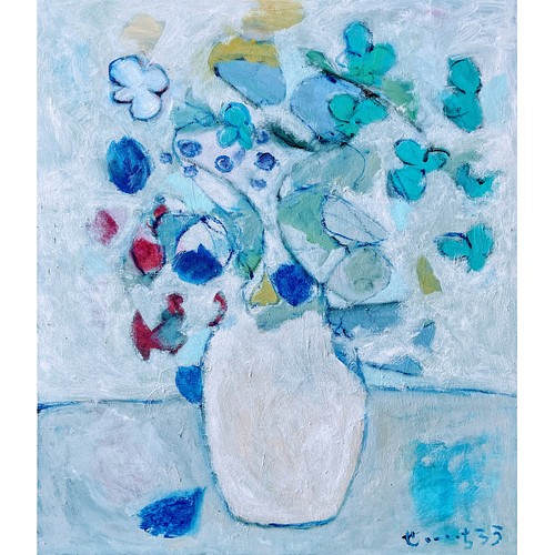 aquaagua】F8 絵画 抽象 抽象画 油絵 油彩 キャンバス 青 ブルー 花 
