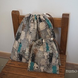 【nuno+】 kids 体操服用巾着袋 &給食袋セット ネコ柄 1枚目の画像