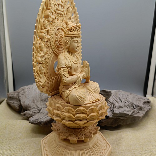 木彫り 仏像 普賢菩薩座像 彫刻 一刀彫 天然木檜材 仏師で仕上げ 彫刻 