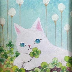 四つ葉のクローバーと白猫　(本額縁)原画 1枚目の画像