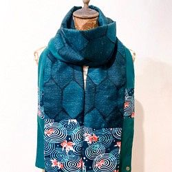スカーフNo.303 *觀魚*設計師手作日本古董布綠色六角磚紅金魚水草漣漪圍巾 披肩鞥 第1張的照片