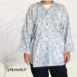 ガーゼで作った作務衣・samue 花と鳥（ライトグレー）　 1枚目の画像
