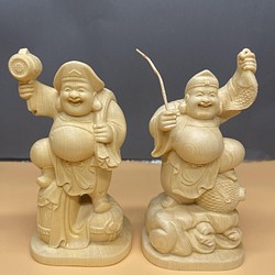 大黒天 惠比寿一式 木彫り仏像 七福神 精密彫刻 仏教工芸品 福運 - 彫刻