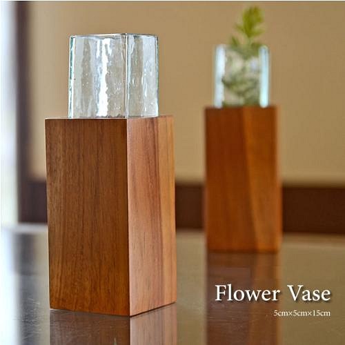 木製 チークウッド バリガラス フラワーベース 一輪挿し 花瓶  生花 ドライフラワー カフェ インテリア G-0172 1枚目の画像