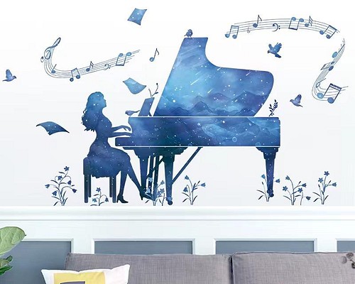 ウォールステッカー S617 Aタイプ ブルー ピアノ 少女 音楽会 夢幻