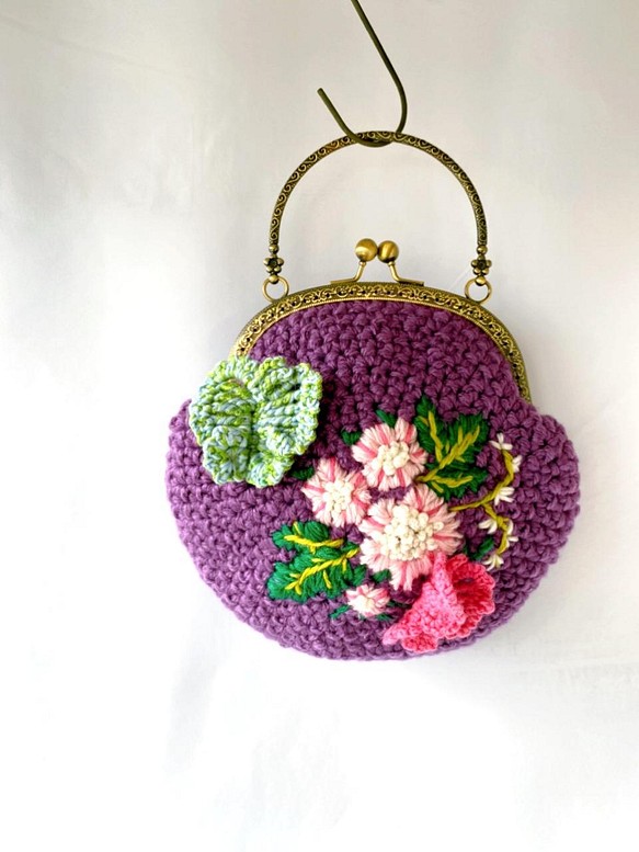 お花と蝶々モチーフの手編み・刺繍ガーリーなアンティークがま口 ...