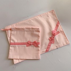ランチョンマット＋巾着セット　ピンクギンガムリボン 1枚目の画像