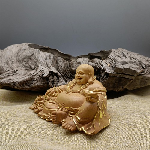 最高級 木彫り 仏像 七福神 布袋様 本金 切金 彫刻 仏教工芸品 柘植材 