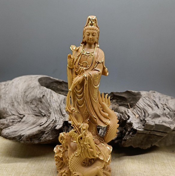 ブランドサイト通販 最高級 木彫仏像観音菩薩立像 天然木檜材 一刀彫