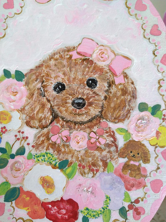 トールペイントハンドメイド トイプードル ピンク花リース 犬ペット絵 表札プレゼントに うちの子オーダー似顔絵遺影にも 55 以上節約