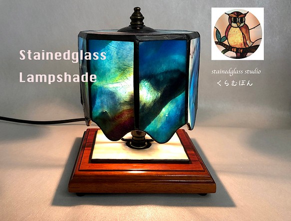 ステンドグラスランプ（アクアブルー&パープルonホワイト ）八角型 1枚目の画像