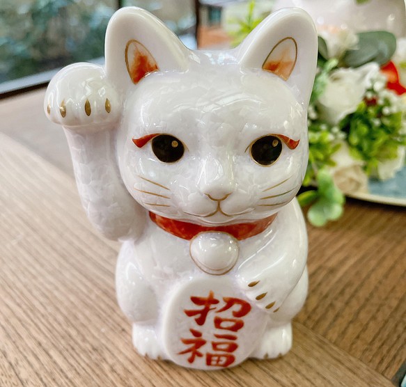 人気花結晶招き猫桃色ピンク 京焼清水焼土渕陶あん-