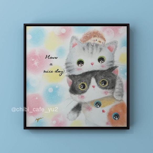 複製画】「Have a nice dayニャン♪」 ハリネズミ 猫 パステルアート