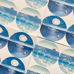 透明水彩画　海と満月のシール　丸シール48枚　サンキューシール　フォーユーシール　北欧イラスト　ヨット 1枚目の画像