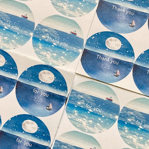 透明水彩画 海と満月のシール 丸シール48枚 サンキューシール 