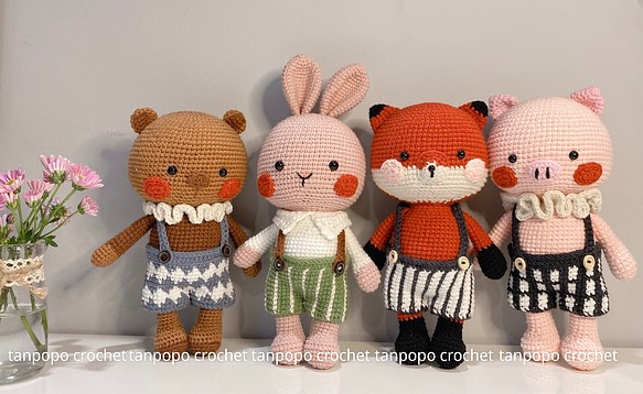 編みぐるみオーガニック コットン熊、豚、うさぎ、狐セット人形(４体