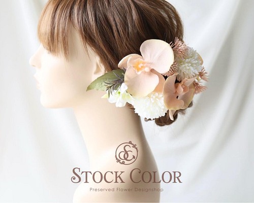 胡蝶蘭とピンポンマムのヘッドドレス/ヘアアクセサリー(ピーチピンク)＊ウェディング 白無垢 成人式 髪飾り