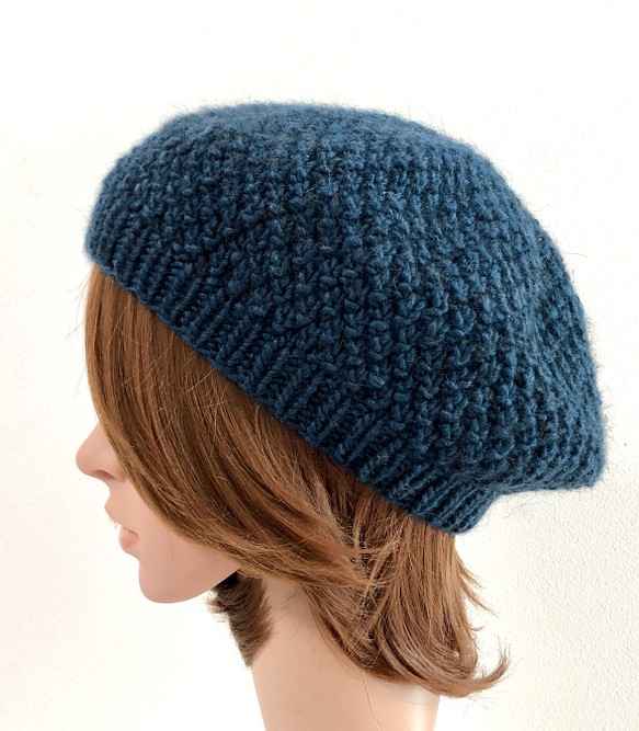 かのこ編みのベレー帽(ふんわりマッシュルーム型)　ティールブルー 1枚目の画像
