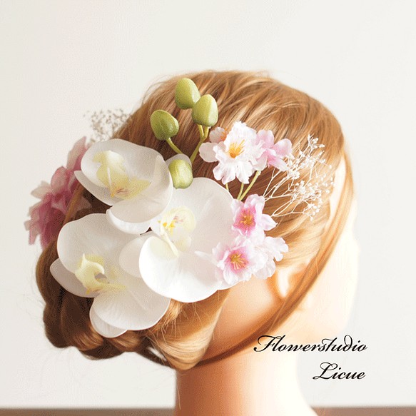 【髪飾り】桜と胡蝶蘭とダリアの髪飾り♪ 1枚目の画像