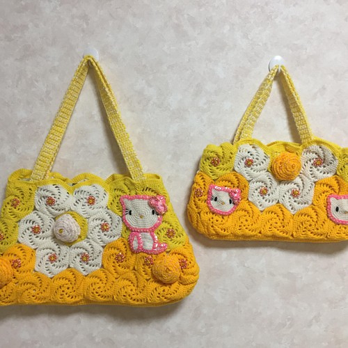 黄色/猫風/手編み/かぎ針編み/ショルダーバッグ&小バッグ2点セット