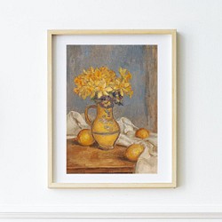 【NO.342】水仙の花瓶とレモンの絵画フラワーアートポスター☆黄色アンティークヴィンテージレトロ☆A3A2A1B4B3 1枚目の画像