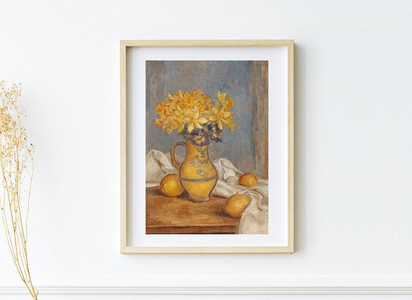 【NO.342】水仙の花瓶とレモンの絵画フラワーアートポスター☆黄色アンティークヴィンテージレトロ☆A3A2A1B4B3 1枚目の画像