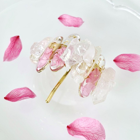 〈受注製作〉桜色のバラの花びら ice ◆高品質 crystal レジン ポニーフック 氷柱 83%OFF 水晶 ローズクォーツ