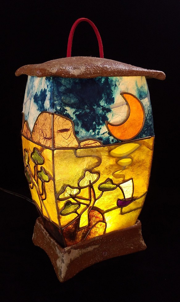 和紙と陶器の灯り・月と舟