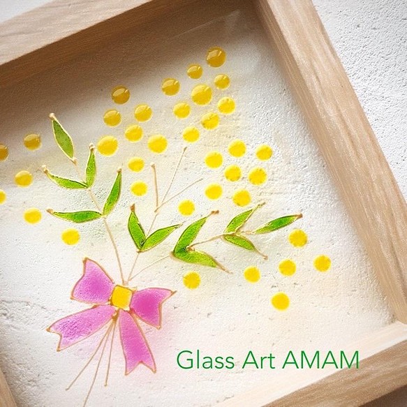 ガラスプレート　ミモザ　花束 1枚目の画像