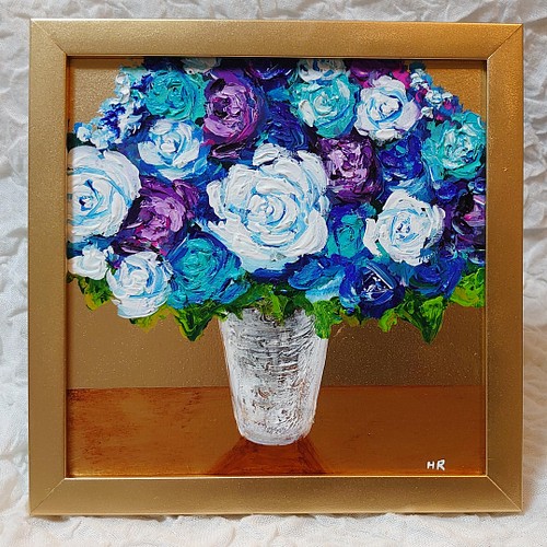 油絵 ミニ絵画 【白と青と紫の薔薇の盛り合わせ】 絵画 ＨＲ 通販