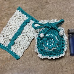 ハンドメイド　かぎ針編み　ティッシュカバー　＆　小さな巾着 1枚目の画像