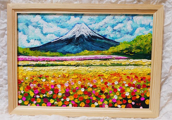 油絵 絵画 お花畑と富士山 【Ａ4】 | monsterdog.com.br