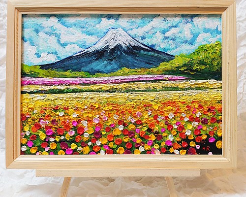 油絵 絵画 お花畑と富士山 【Ａ4】