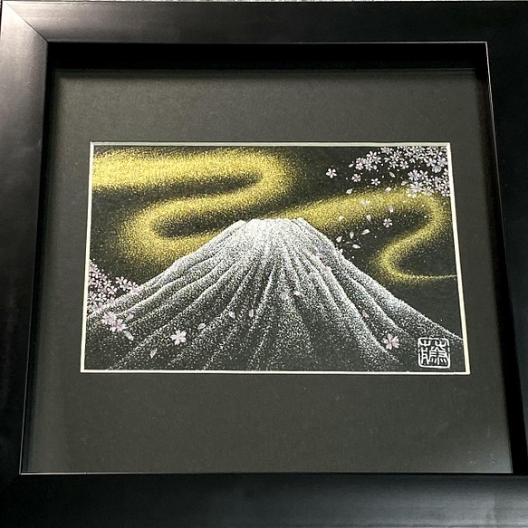 幸運の点描画アート【富士山と桜と金龍】高波動エネルギーアート