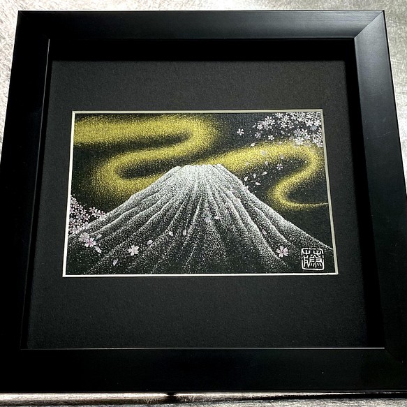 幸運の点描画アート【富士山と桜と金龍】高波動エネルギーアート 