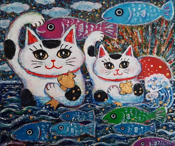 原画 「大招きネコ親子とサカナたち」 F8号 ＃招き猫 ＃親子招き猫 ＃金色の打ち出の小槌 ＃猫 ＃ねこ ＃縁起物アート