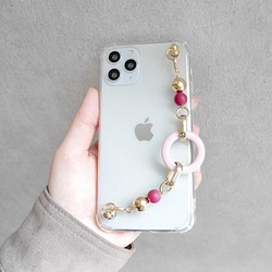 くすみピンクフープのキーリングハンガー　スマホケース　iPhoneケース　全機種　スマホチェーン 1枚目の画像