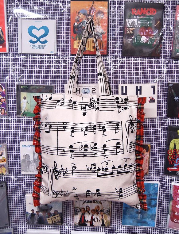 音符樂譜 x 格子格紋荷葉邊手提袋 第1張的照片