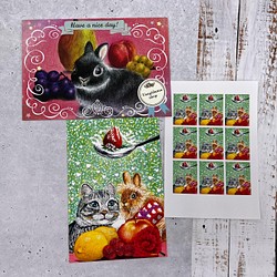 うさぎのポストカード　封筒&シール付き　猫ちゃんとうさちゃん　３点1セット 1枚目の画像